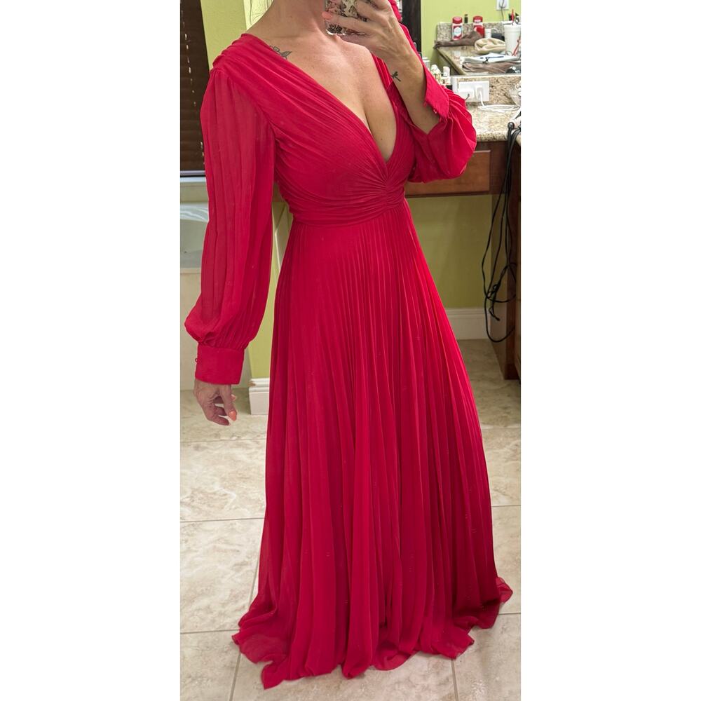 Badgley Mischka Plisse pleated chiffon formal gown ($795) Pink long sleeve 2